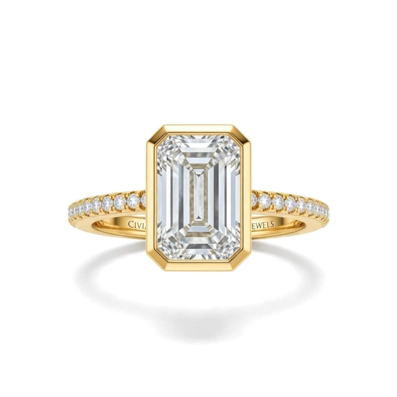 Yellow Gold Emerald Cut Bezel Set Solitaire With Diamond Pavé Classic Band Engagement Ring
