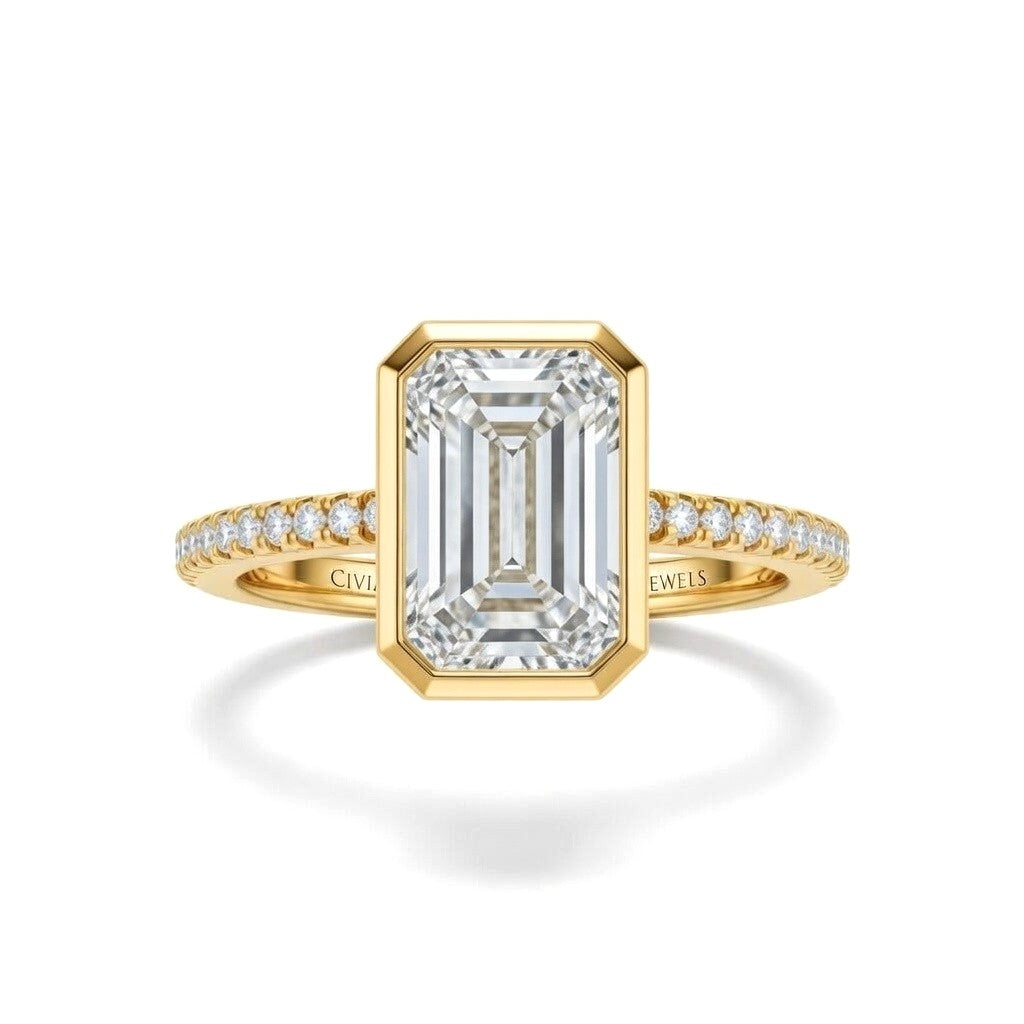 Yellow Gold Emerald Cut Bezel Set Solitaire With Diamond Pavé Classic Band Engagement Ring