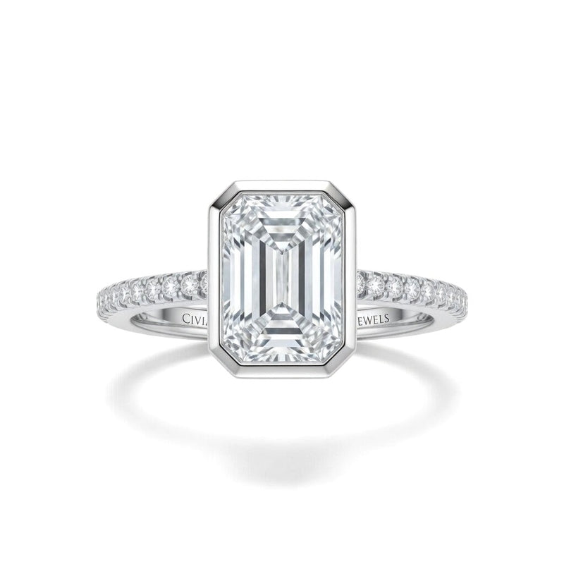 White Gold Emerald Cut Bezel Set Solitaire With Diamond Pavé Classic Band Engagement Ring