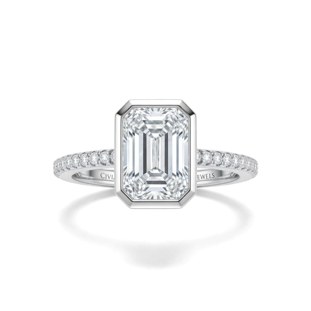Silver Emerald Cut Bezel Set Solitaire With Diamond Pavé Classic Band Engagement Ring