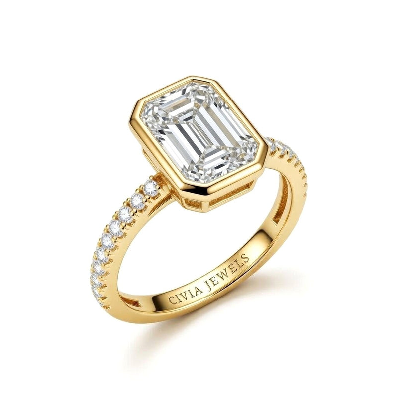 Yellow Gold Emerald Cut Bezel Set Solitaire With Diamond Pavé Classic Band Engagement Ring