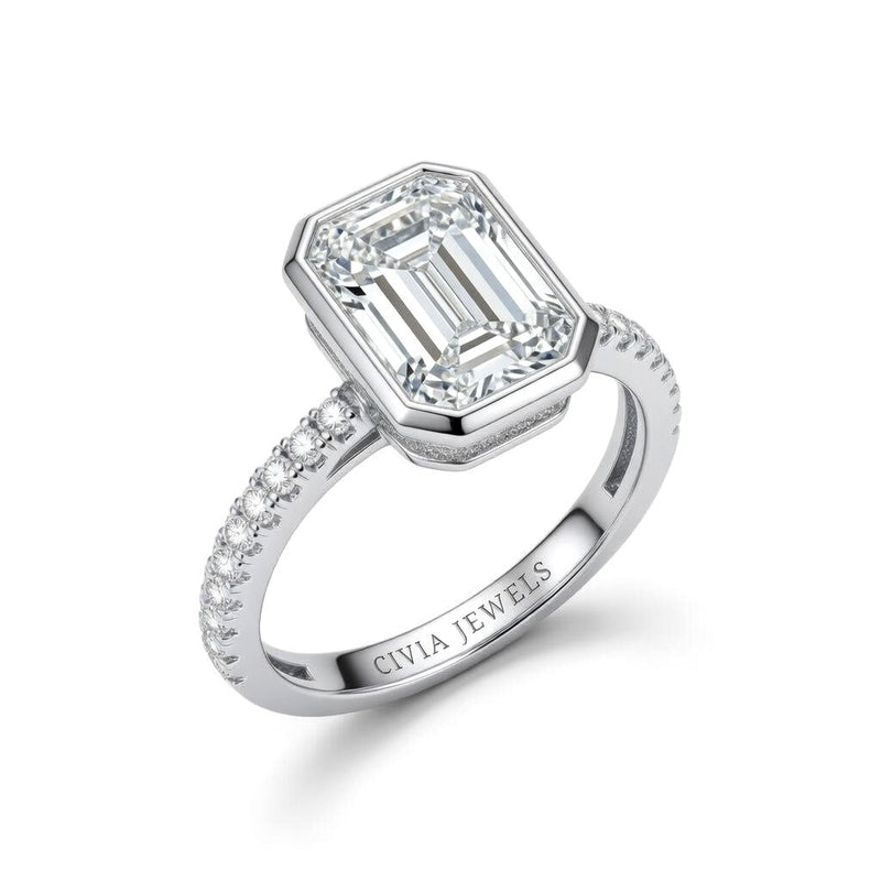 White Gold Emerald Cut Bezel Set Solitaire With Diamond Pavé Classic Band Engagement Ring