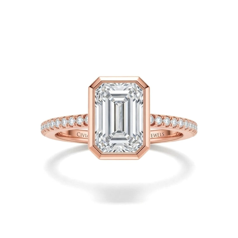 Rose Gold Emerald Cut Bezel Set Solitaire With Diamond Pavé Classic Band Engagement Ring