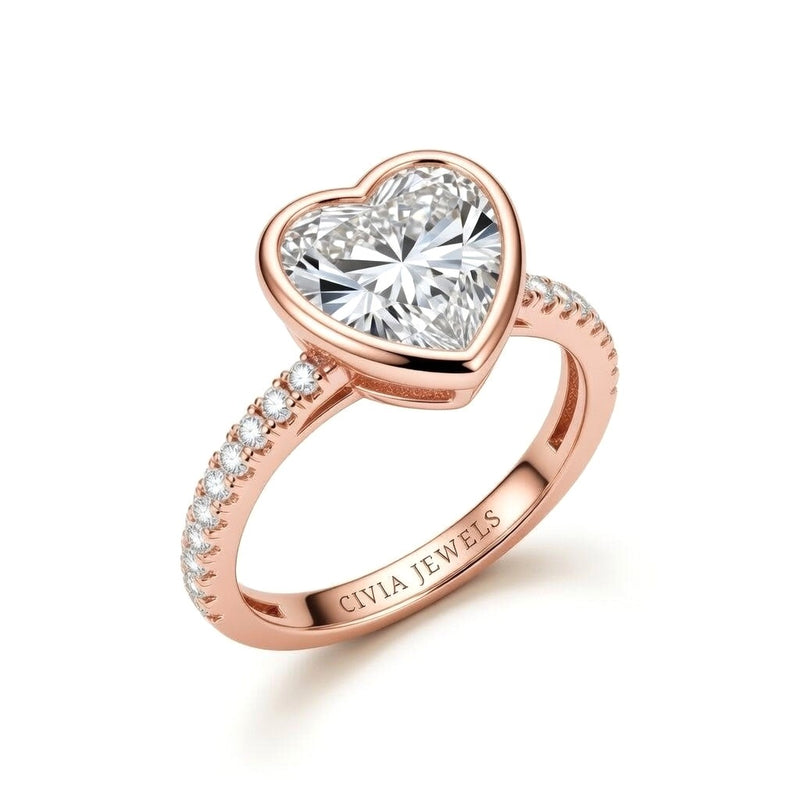 Rose Gold Heart Cut Bezel Set Solitaire With Diamond Pavé Classic Band Engagement Ring