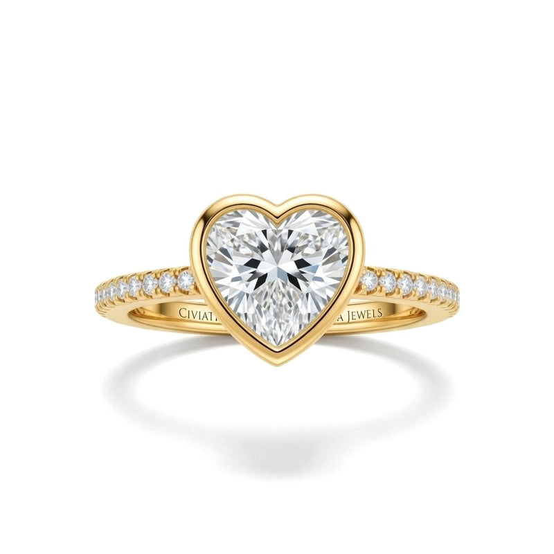 Yellow Gold Heart Cut Bezel Set Solitaire With Diamond Pavé Classic Band Engagement Ring
