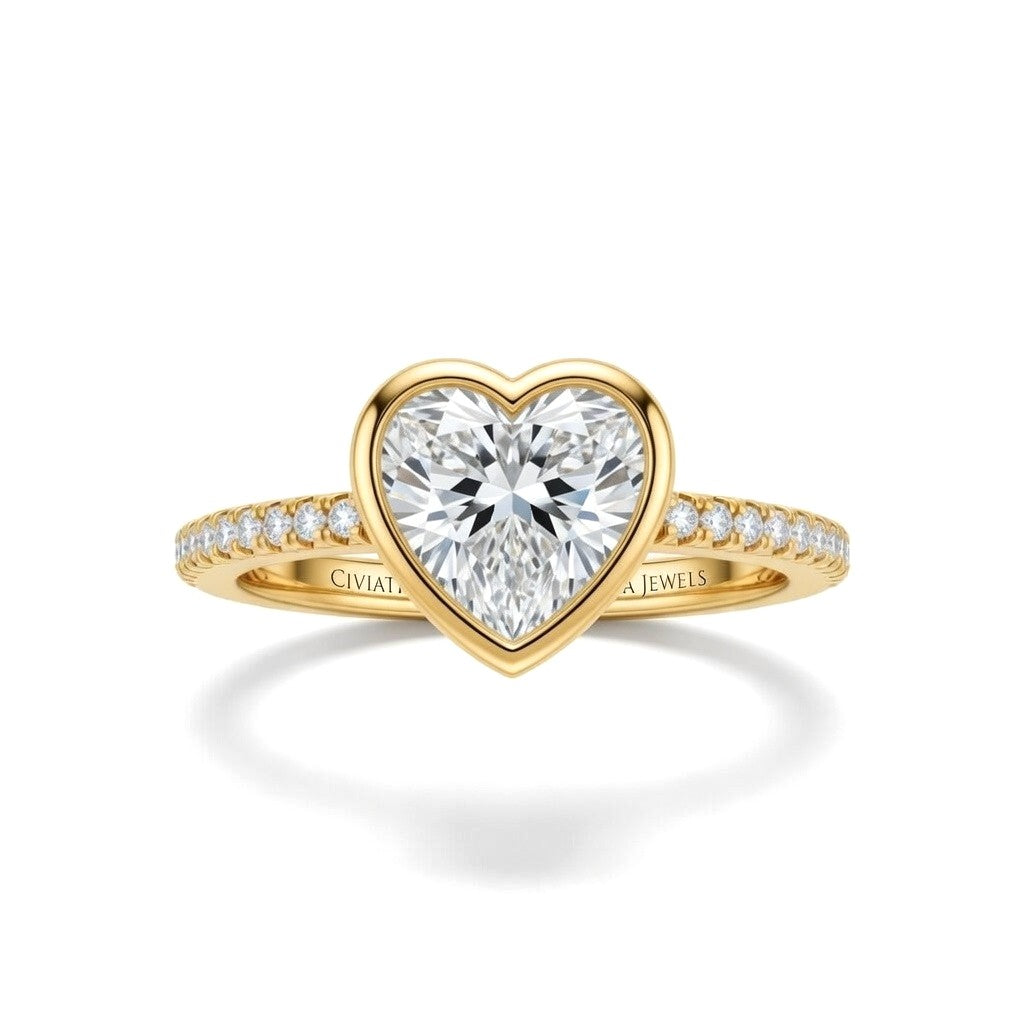 Yellow Gold Heart Cut Bezel Set Solitaire With Diamond Pavé Classic Band Engagement Ring