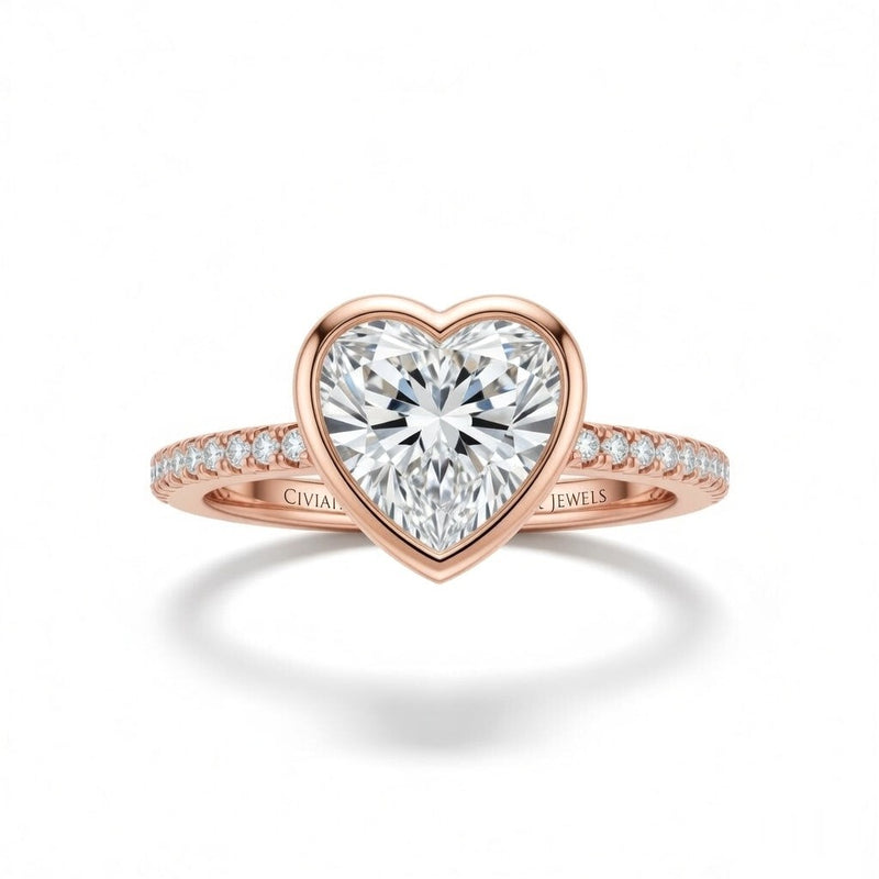 Rose Gold Heart Cut Bezel Set Solitaire With Diamond Pavé Classic Band Engagement Ring