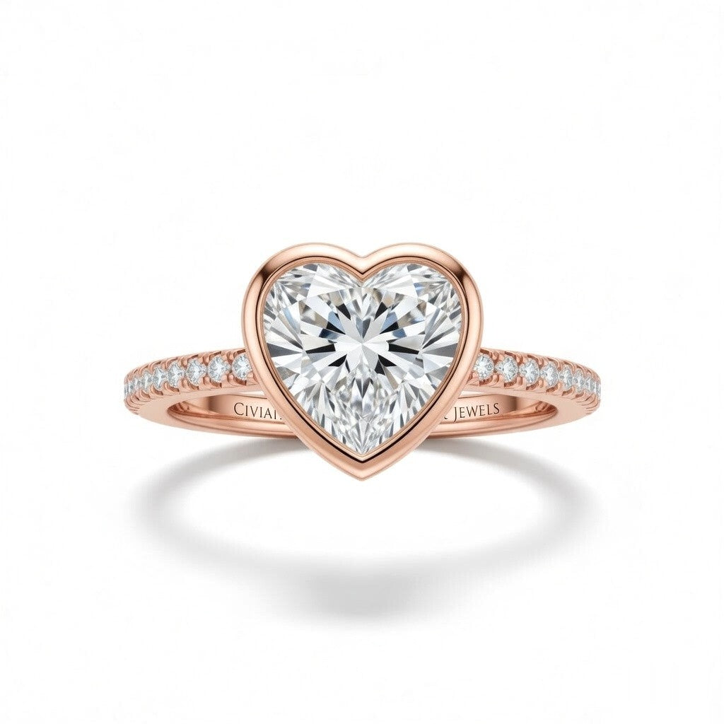 Rose Gold Heart Cut Bezel Set Solitaire With Diamond Pavé Classic Band Engagement Ring