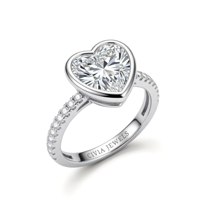 Silver Heart Cut Bezel Set Solitaire With Diamond Pavé Classic Band Engagement Ring
