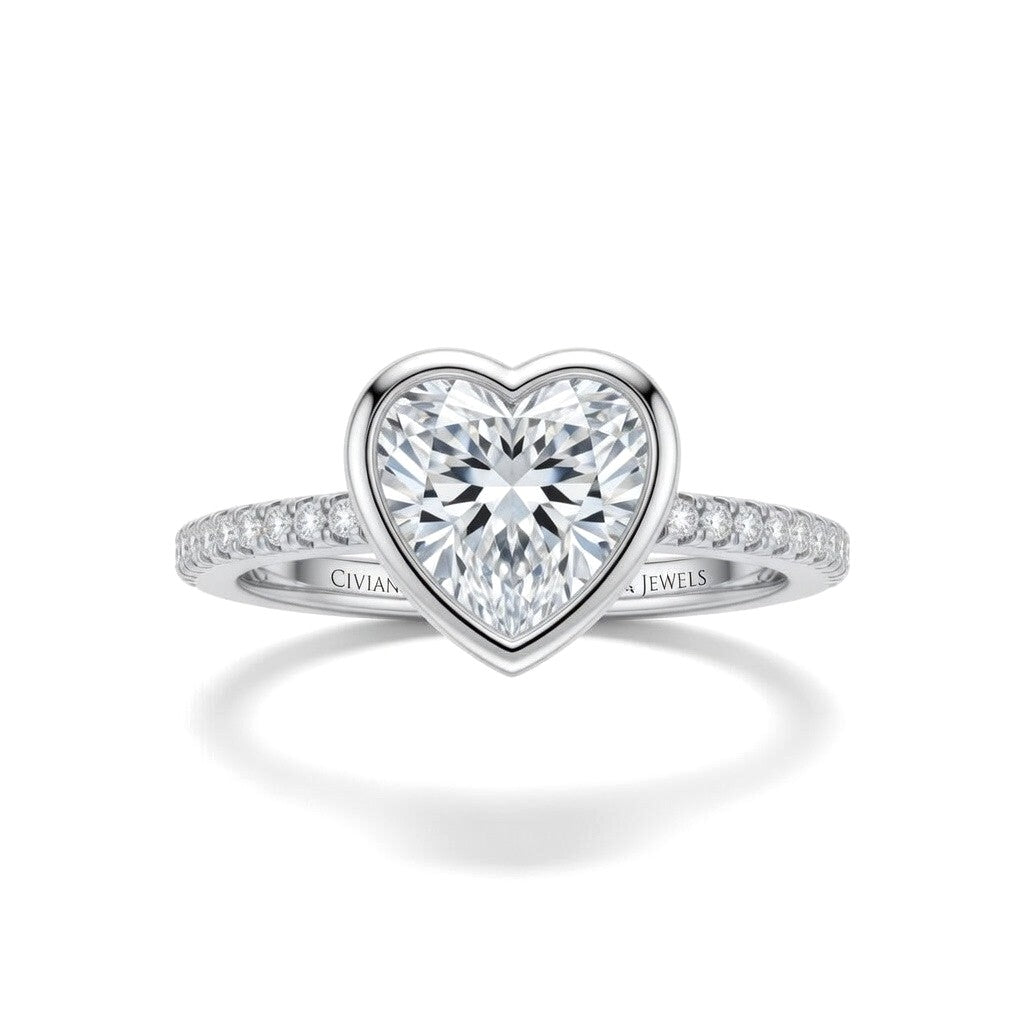White Gold Heart Cut Bezel Set Solitaire With Diamond Pavé Classic Band Engagement Ring