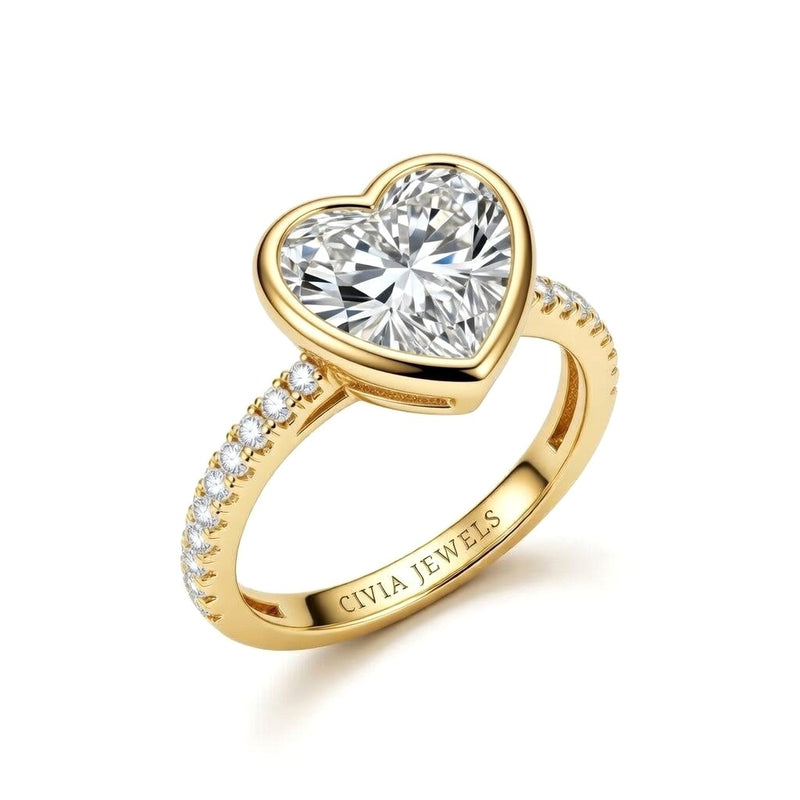 Yellow Gold Heart Cut Bezel Set Solitaire With Diamond Pavé Classic Band Engagement Ring