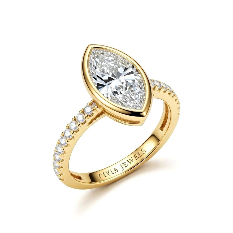 Yellow Gold Marquise Cut Bezel Set Solitaire With Diamond Pavé Classic Band Engagement Ring