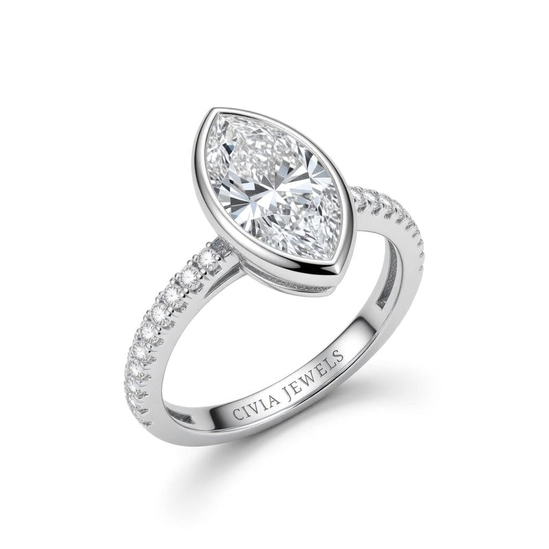 Silver Marquise Cut Bezel Set Solitaire With Diamond Pavé Classic Band Engagement Ring