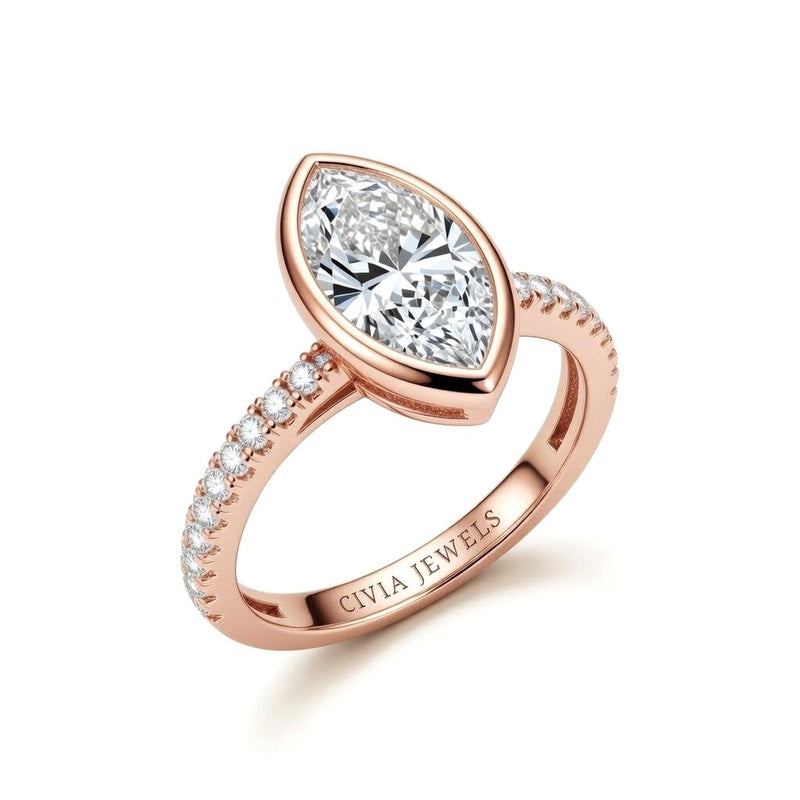 Rose Gold Marquise Cut Bezel Set Solitaire With Diamond Pavé Classic Band Engagement Ring