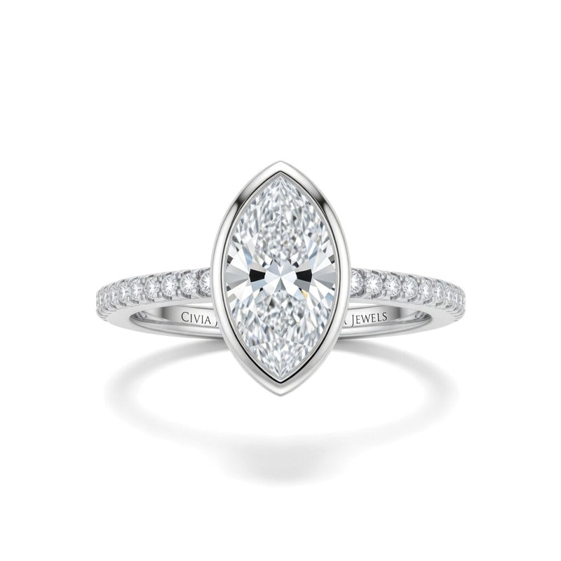 White Gold Marquise Cut Bezel Set Solitaire With Diamond Pavé Classic Band Engagement Ring