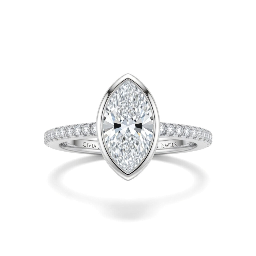 White Gold Marquise Cut Bezel Set Solitaire With Diamond Pavé Classic Band Engagement Ring