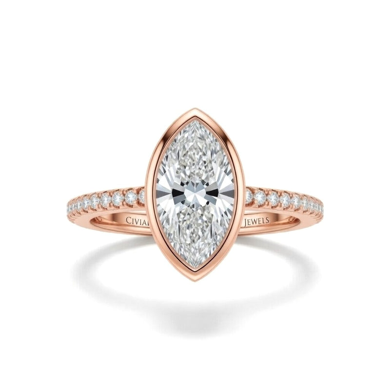 Rose Gold Marquise Cut Bezel Set Solitaire With Diamond Pavé Classic Band Engagement Ring