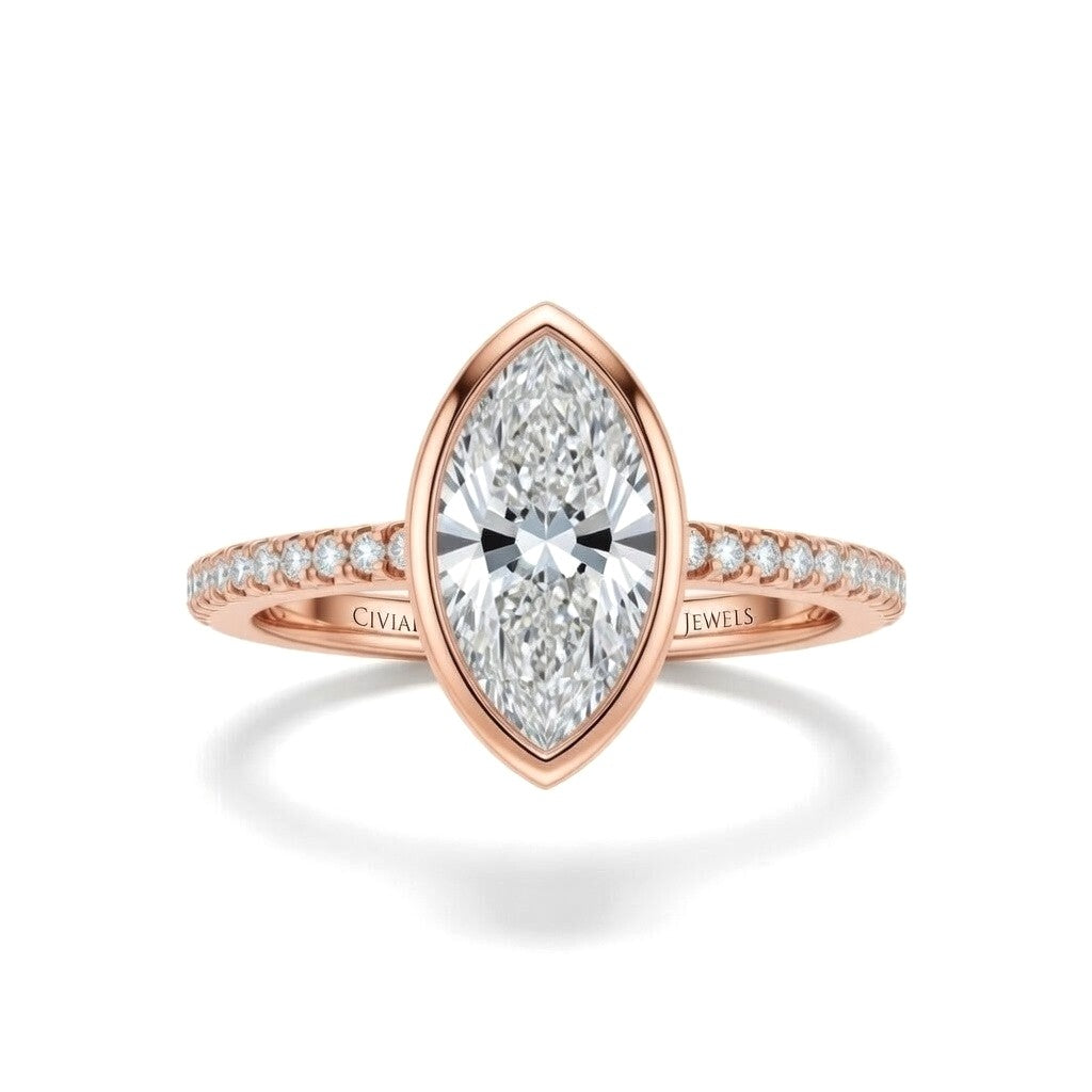 Rose Gold Marquise Cut Bezel Set Solitaire With Diamond Pavé Classic Band Engagement Ring