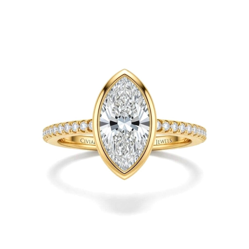 Yellow Gold Marquise Cut Bezel Set Solitaire With Diamond Pavé Classic Band Engagement Ring