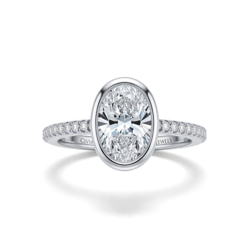White Gold Oval Cut Bezel Set Solitaire With Diamond Pavé Classic Band Engagement Ring