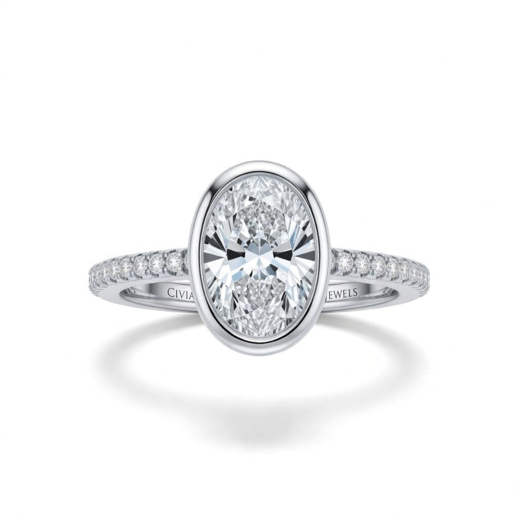 White Gold Oval Cut Bezel Set Solitaire With Diamond Pavé Classic Band Engagement Ring