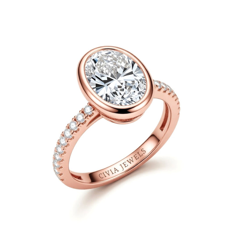 Rose Gold Oval Cut Bezel Set Solitaire With Diamond Pavé Classic Band Engagement Ring