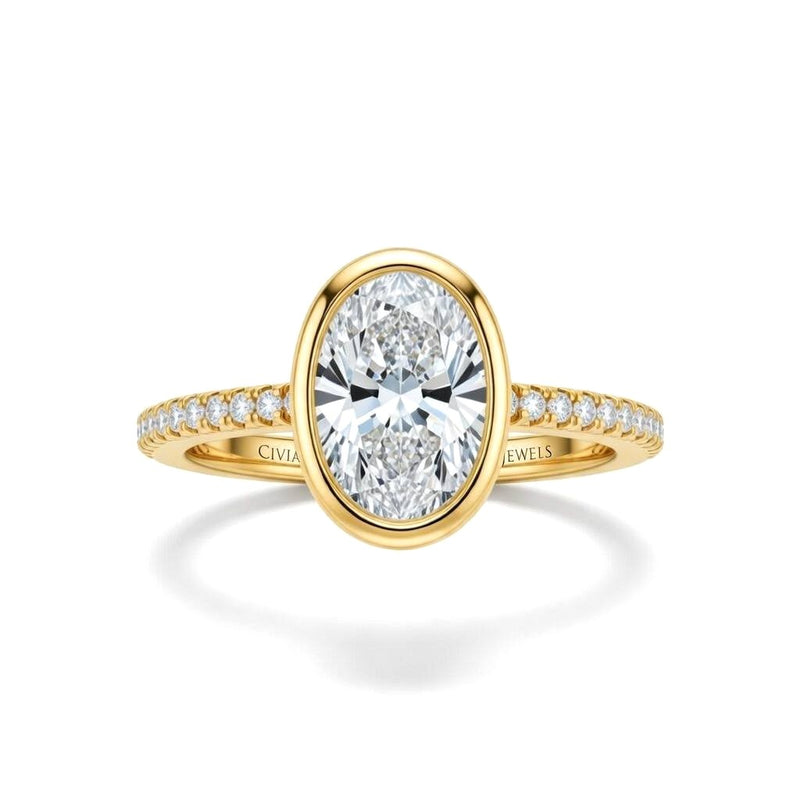 Yellow Gold Oval Cut Bezel Set Solitaire With Diamond Pavé Classic Band Engagement Ring
