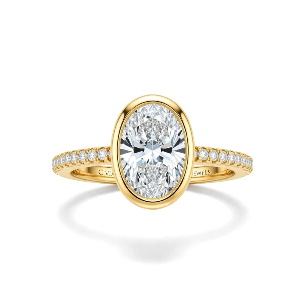 Yellow Gold Oval Cut Bezel Set Solitaire With Diamond Pavé Classic Band Engagement Ring