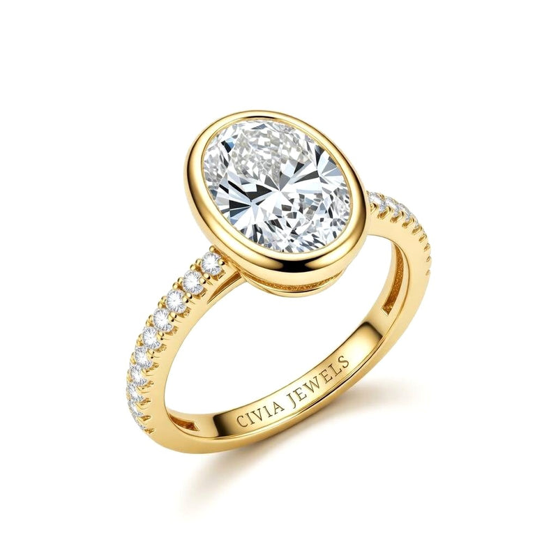 Yellow Gold Oval Cut Bezel Set Solitaire With Diamond Pavé Classic Band Engagement Ring