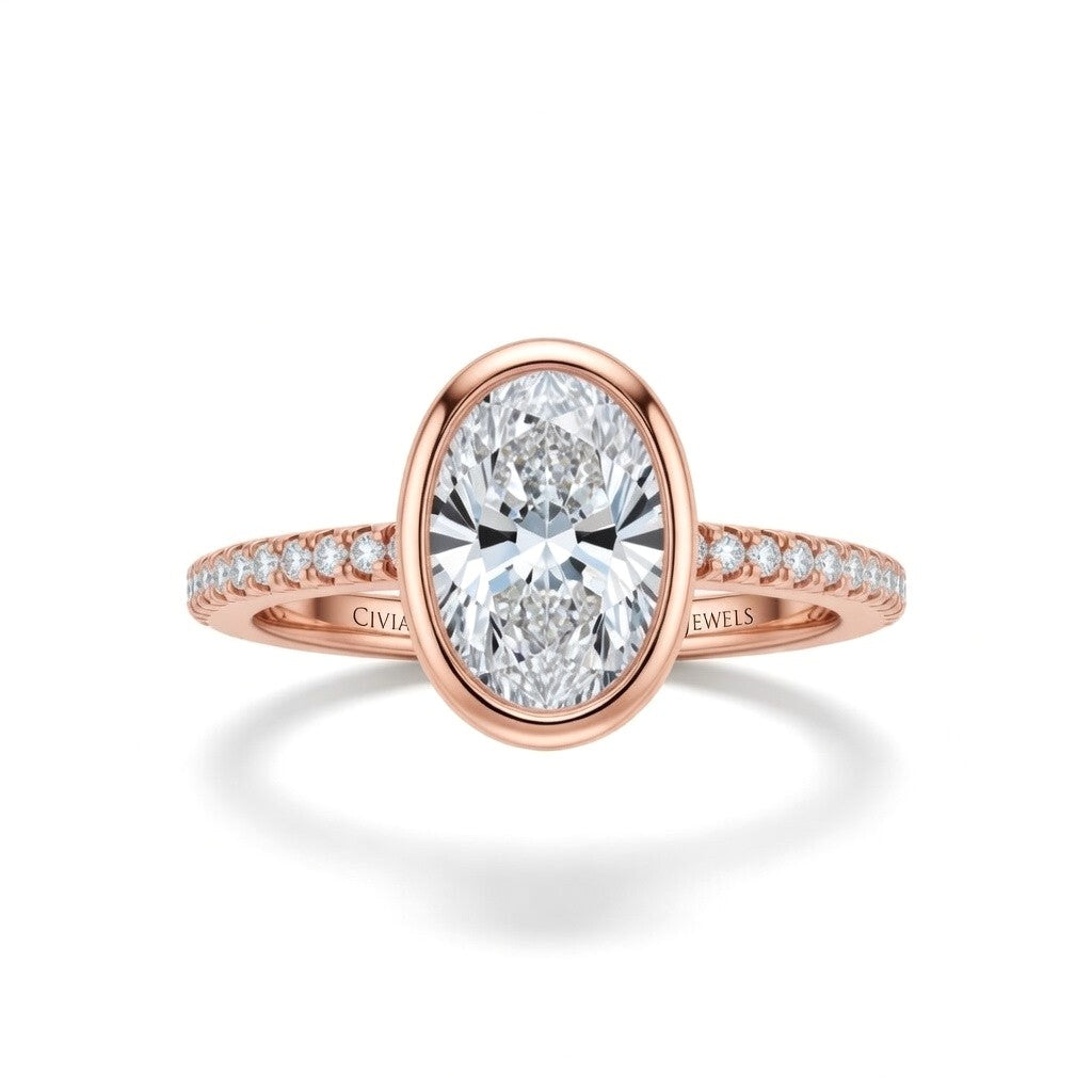 Rose Gold Oval Cut Bezel Set Solitaire With Diamond Pavé Classic Band Engagement Ring