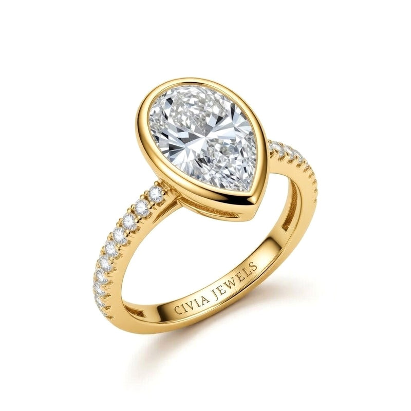 Yellow Gold Pear Cut Bezel Set Solitaire With Diamond Pavé Classic Band Engagement Ring