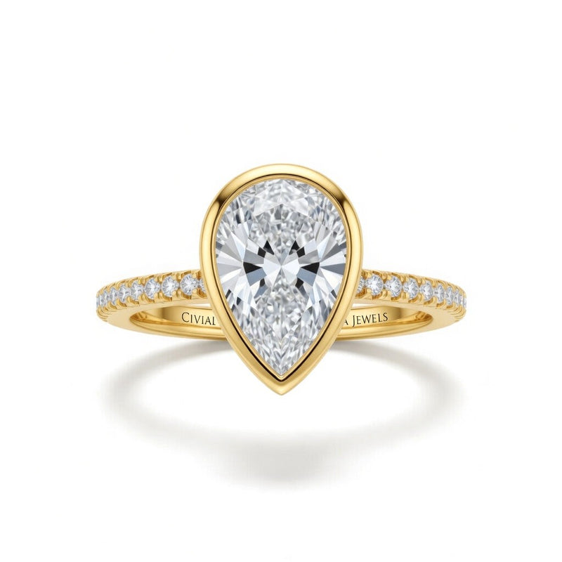 Yellow Gold Pear Cut Bezel Set Solitaire With Diamond Pavé Classic Band Engagement Ring