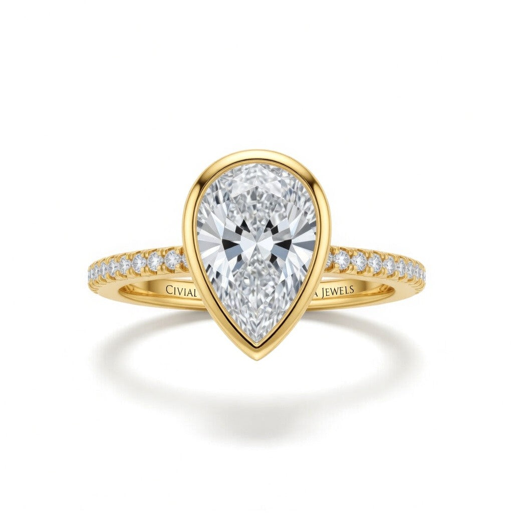 Yellow Gold Pear Cut Bezel Set Solitaire With Diamond Pavé Classic Band Engagement Ring