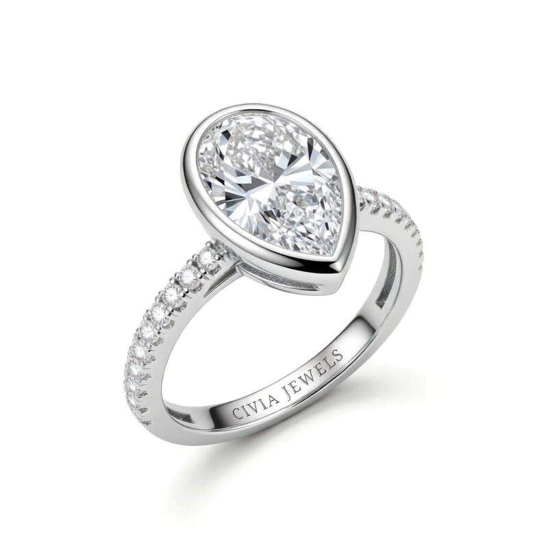 White Gold Pear Cut Bezel Set Solitaire With Diamond Pavé Classic Band Engagement Ring
