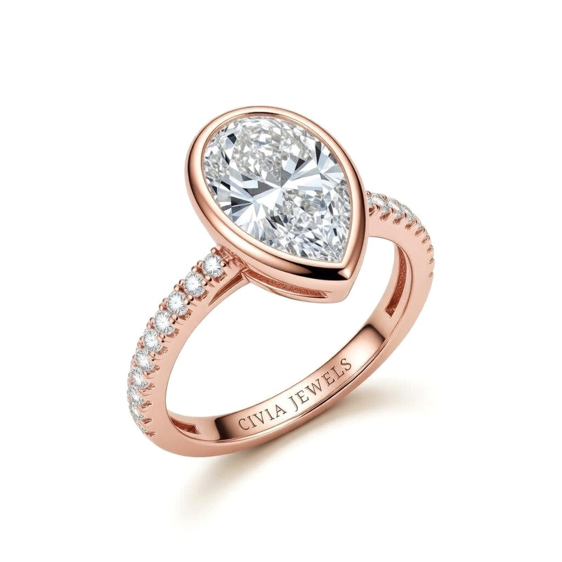 Rose Gold Pear Cut Bezel Set Solitaire With Diamond Pavé Classic Band Engagement Ring