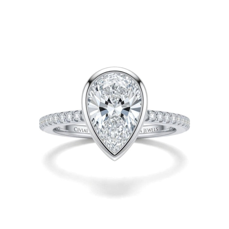 White Gold Pear Cut Bezel Set Solitaire With Diamond Pavé Classic Band Engagement Ring