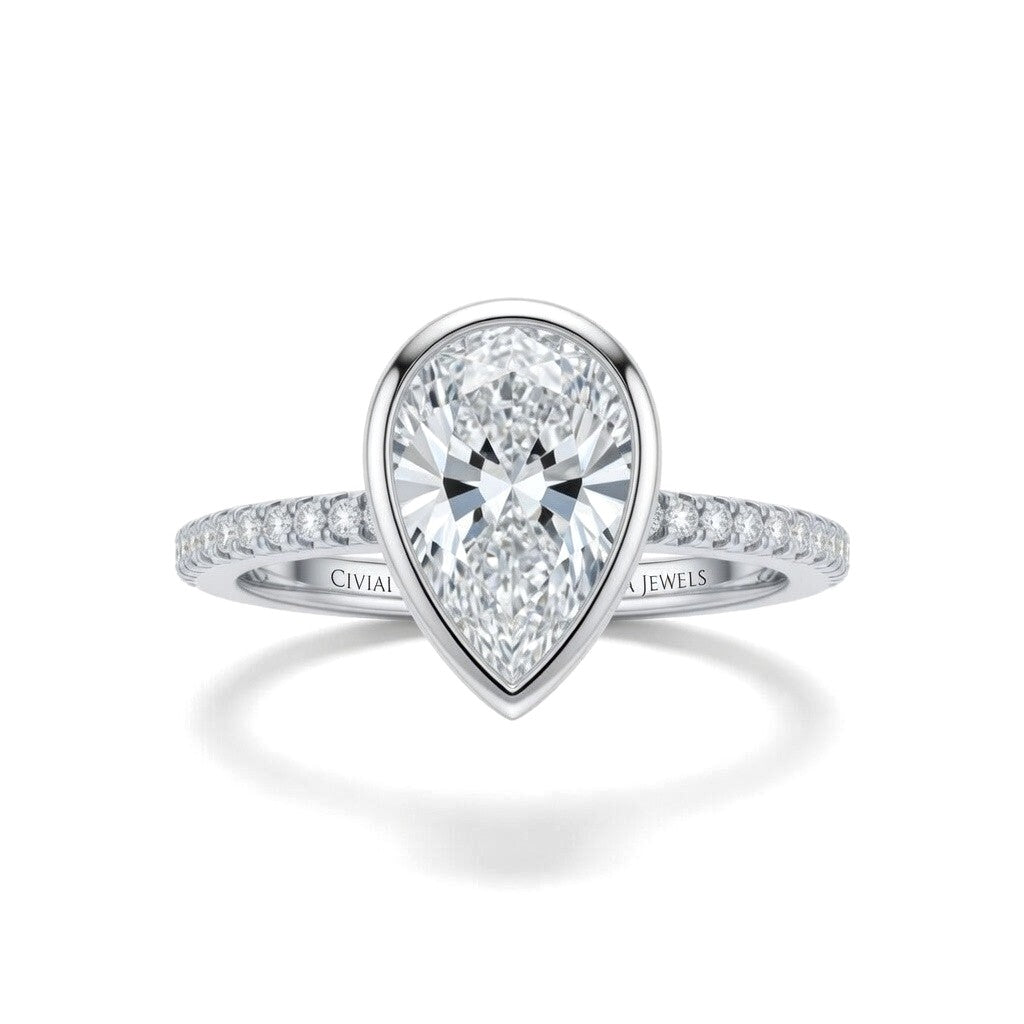 Silver Pear Cut Bezel Set Solitaire With Diamond Pavé Classic Band Engagement Ring