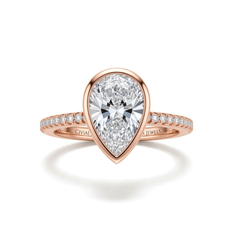 Rose Gold Pear Cut Bezel Set Solitaire With Diamond Pavé Classic Band Engagement Ring