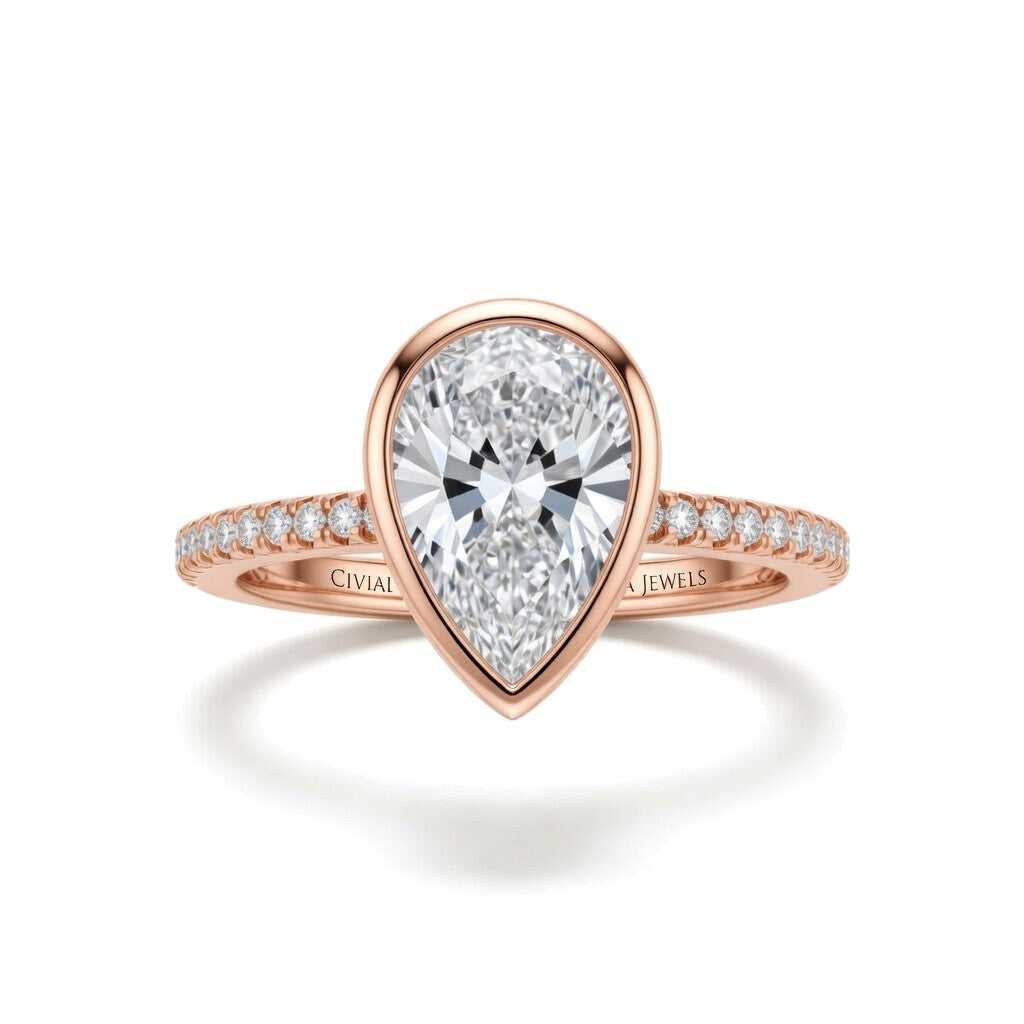 Rose Gold Pear Cut Bezel Set Solitaire With Diamond Pavé Classic Band Engagement Ring