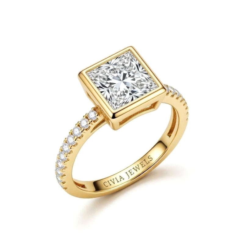 Yellow Gold Princess Cut Bezel Set Solitaire With Diamond Pavé Classic Band Engagement Ring