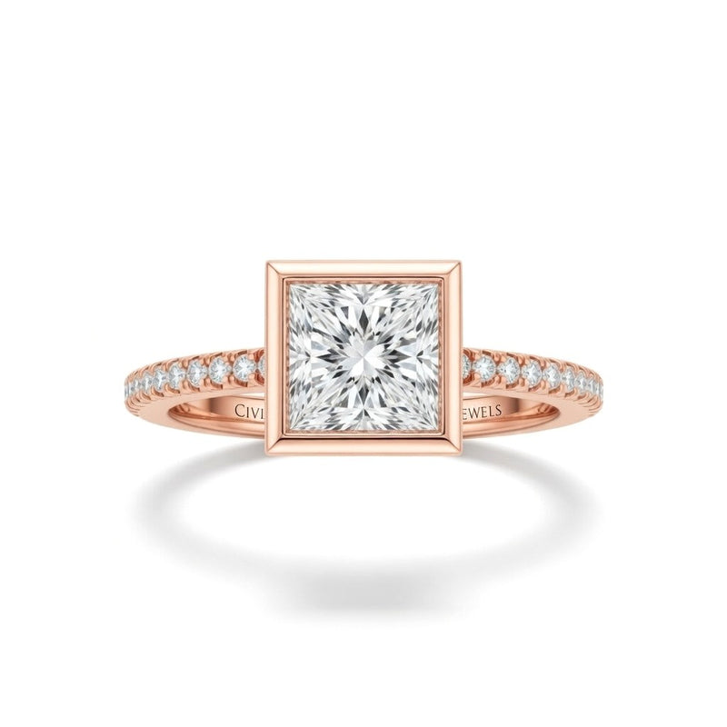 Rose Gold Princess Cut Bezel Set Solitaire With Diamond Pavé Classic Band Engagement Ring