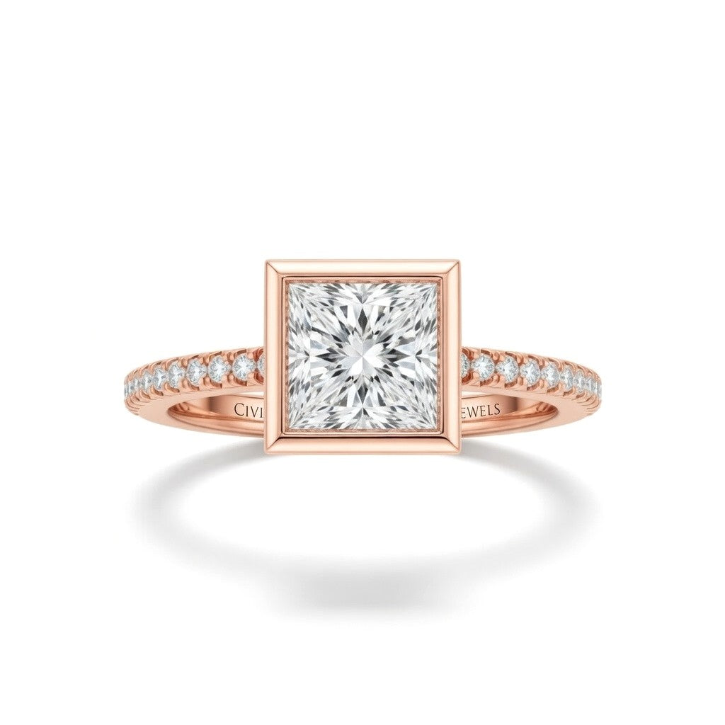 Rose Gold Princess Cut Bezel Set Solitaire With Diamond Pavé Classic Band Engagement Ring
