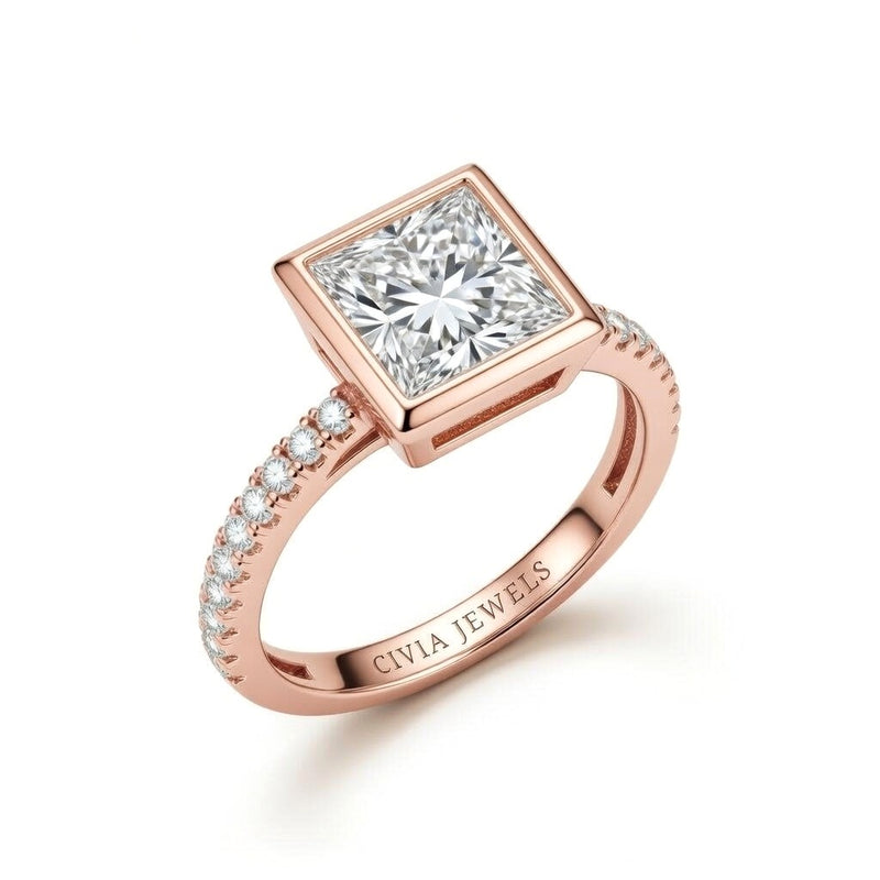 Rose Gold Princess Cut Bezel Set Solitaire With Diamond Pavé Classic Band Engagement Ring