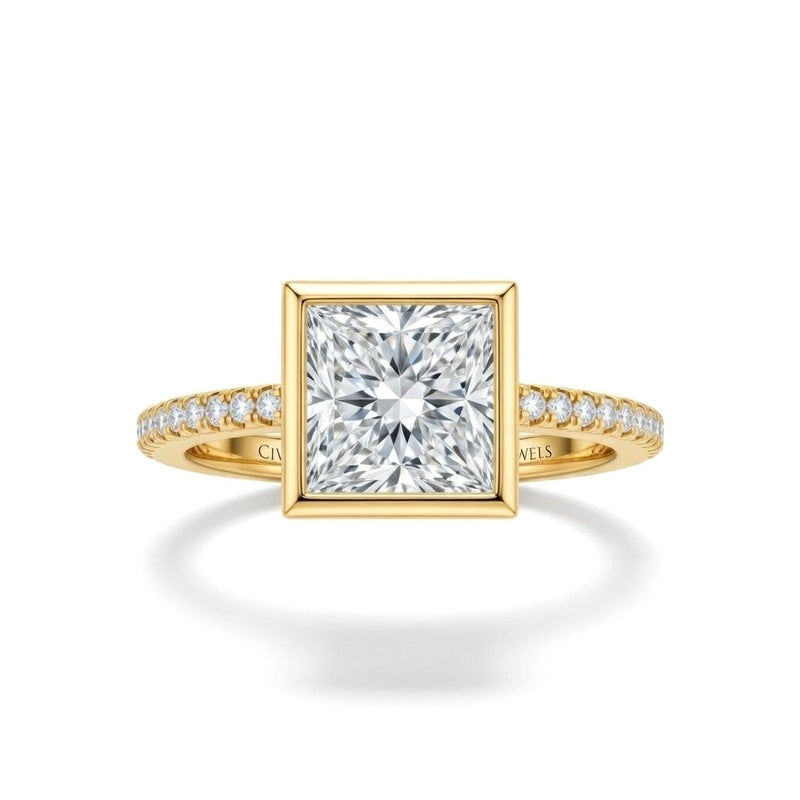 Yellow Gold Princess Cut Bezel Set Solitaire With Diamond Pavé Classic Band Engagement Ring