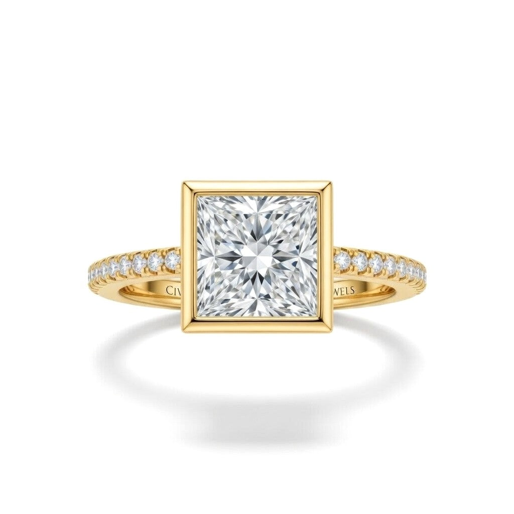 Yellow Gold Princess Cut Bezel Set Solitaire With Diamond Pavé Classic Band Engagement Ring