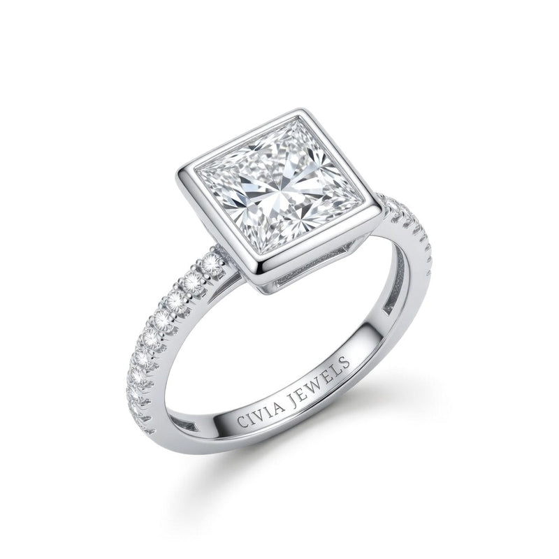 White Gold Princess Cut Bezel Set Solitaire With Diamond Pavé Classic Band Engagement Ring