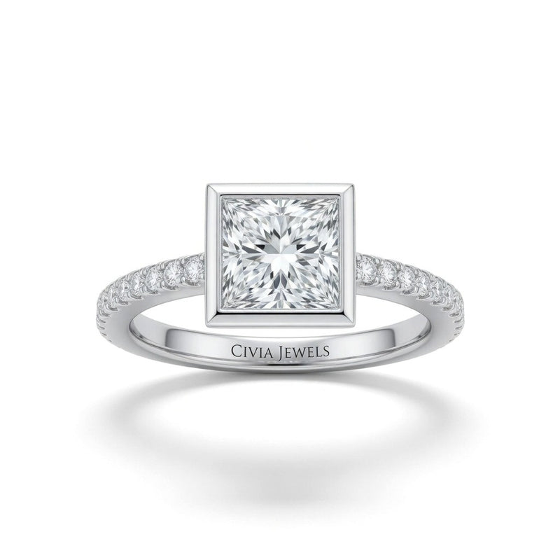 Silver Princess Cut Bezel Set Solitaire With Diamond Pavé Classic Band Engagement Ring
