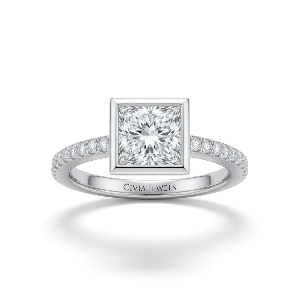 Silver Princess Cut Bezel Set Solitaire With Diamond Pavé Classic Band Engagement Ring