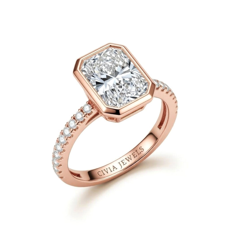 Rose Gold Radiant Cut Bezel Set Solitaire With Diamond Pavé Classic Band Engagement Ring