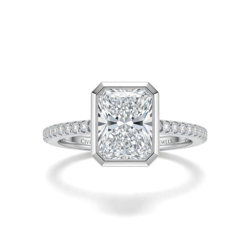 Silver Radiant Cut Bezel Set Solitaire With Diamond Pavé Classic Band Engagement Ring